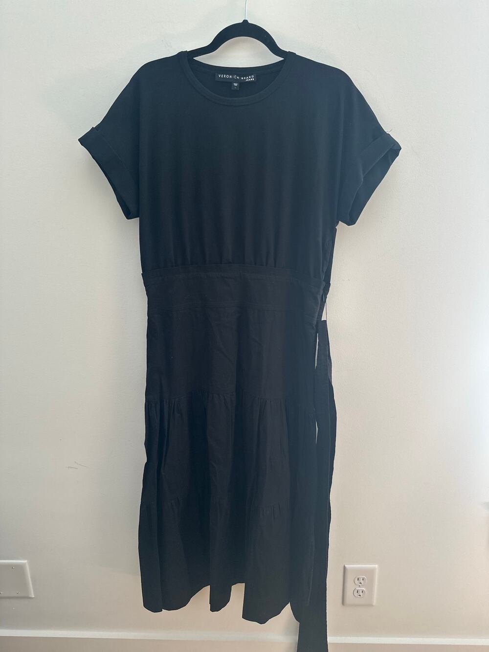 Veronica Beard Midi Dress Women's Large Black Short Sleeves Tie Waist Tiered